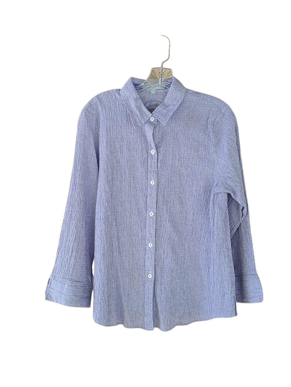 Foxcroft Purple Plaid Fitted Stretch Crinkled Button Down Shirt Size 16